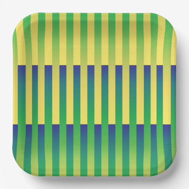 Plato De Papel Patrón rayado azul amarillo verde (Anverso)