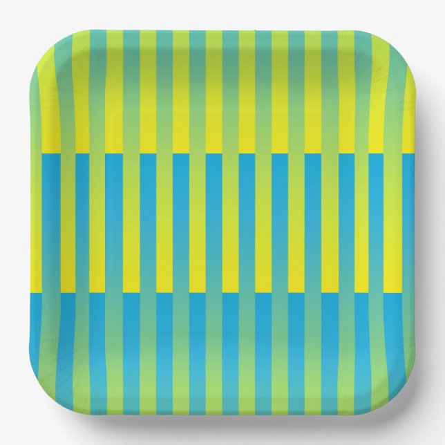Plato De Papel Patrón rayado verde amarillo azul (Anverso)