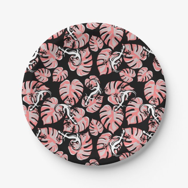 Plato De Papel Patrón Repetidor De Salamandra Y Hojas Rosa (Anverso)