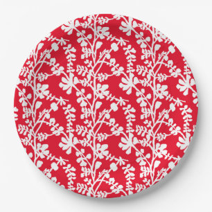 Plato De Papel Patrón Repetidor Floral Rojo Y Blanco