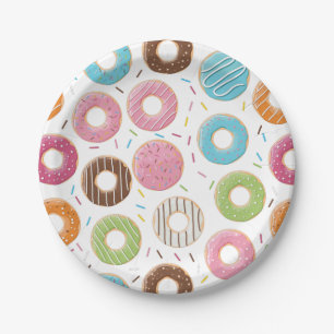 Plato De Papel Patrón Retro Colorido de Donas Minimalista Fiesta