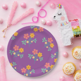 Plato De Papel Patrón retro de margarita marrón en morado