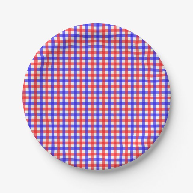 Plato De Papel Patrón rojo azul de Gingham (Anverso)