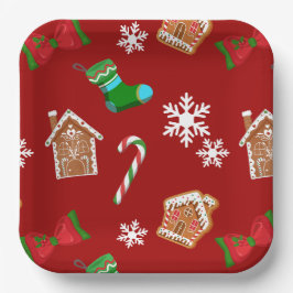Plato De Papel Patrón Rojo de Pan de Jengibre de Navidad