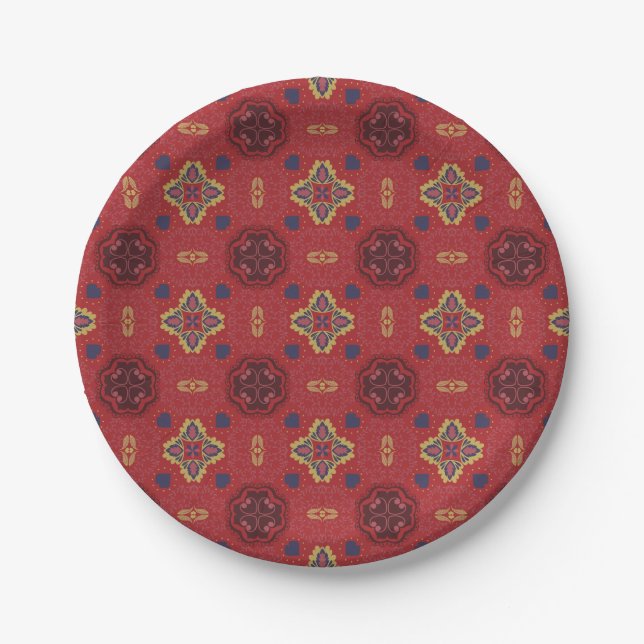 Plato De Papel Patrón rojo sin fisuras con diseños florales simét (Anverso)