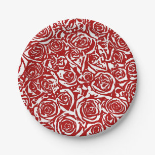 Plato De Papel Patrón Rosa abstracto moderno, rojo oscuro y blanc
