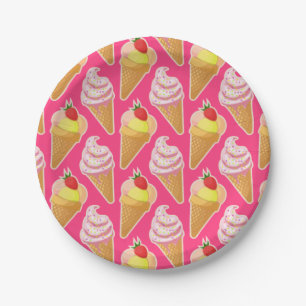Plato De Papel Patrón rosa de Kawaii con helado de fresa