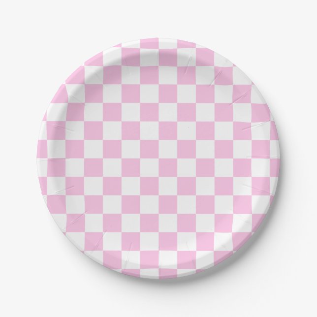 Plato De Papel Patrón rosa de tablero de ajedrez clásico (Anverso)