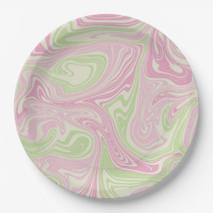Plato De Papel Patrón rosa Verde De Swirl Líquido