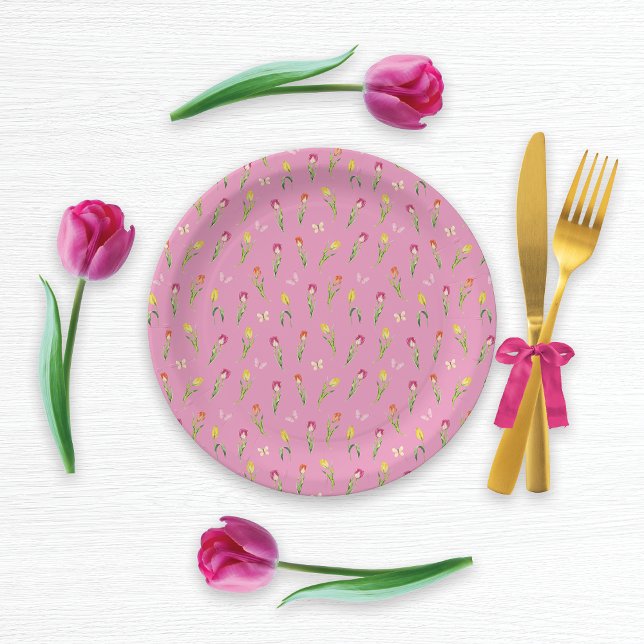Plato De Papel Patrón rosado de tulipanes y mariposas (Subido por el creador)