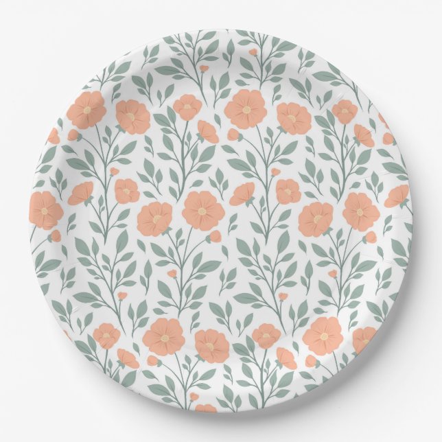Plato De Papel Patrón rústico con flores rosadas (Anverso)