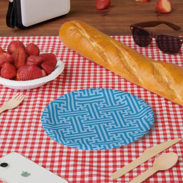 Plato De Papel Patrón Sayagata, japonés, azul y azul bebé (Picnic)