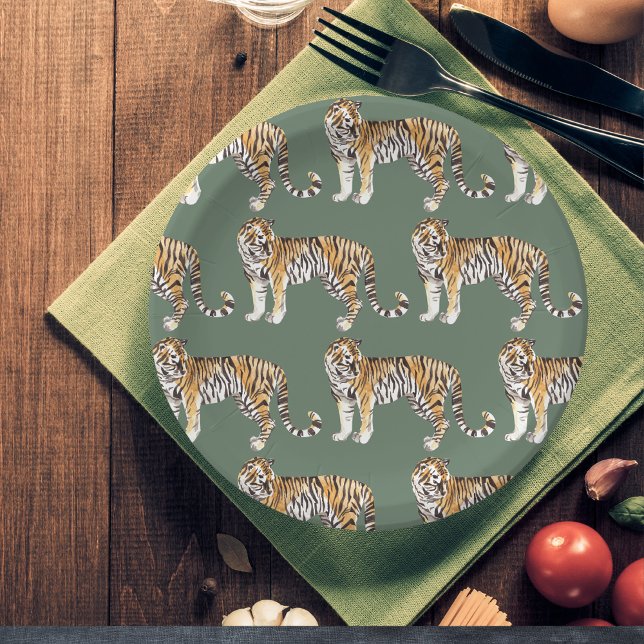 Plato De Papel Patrón silvestre de los tigres de acuarela tropica (Subido por el creador)