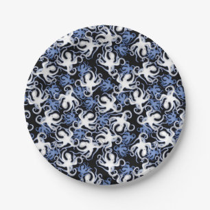 Plato De Papel Patrón sin foco del pulpo negro, blanco y azul