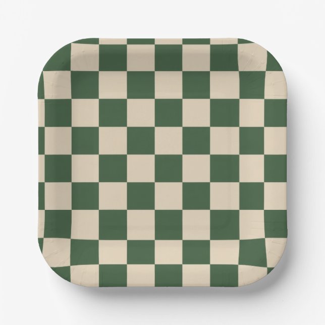 Plato De Papel Patrón sofisticado de cuadros verdes y crema (Anverso)