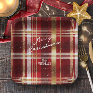 Plato De Papel Patrón Tartán Navidades Red Gold#7 ID1009