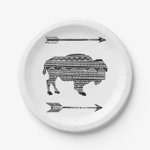 Plato De Papel Patrón tribal de búfalo boho B de 9" de papel redo