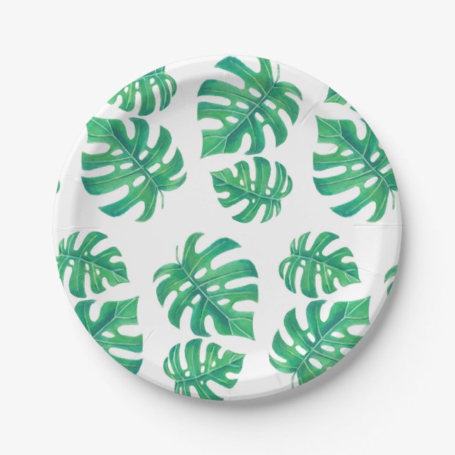 Plato De Papel Patrón tropical con hojas de monstera (Anverso)