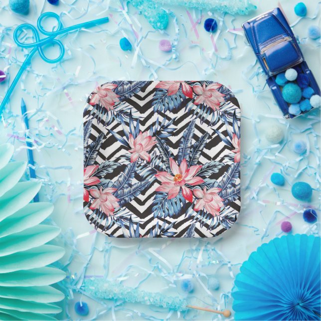 Plato De Papel Patrón tropical de flor de Lotus (Fiesta)