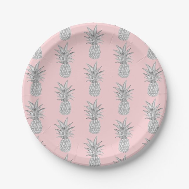Plato De Papel Patrón tropical de piña rosa (Anverso)