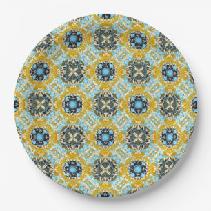 Plato De Papel Patrón verde azulado, Turquesa, Amarillo y Gemsto