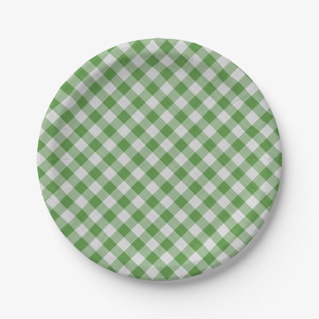 Plato De Papel Patrón verde blanco de Gingham revisado (Anverso)