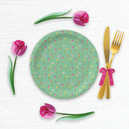Plato De Papel Patrón verde de tulipanes y mariposas