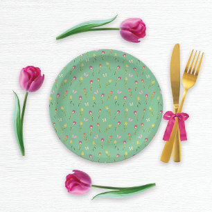 Plato De Papel Patrón verde de tulipanes y mariposas