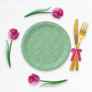 Plato De Papel Patrón verde de tulipanes y mariposas