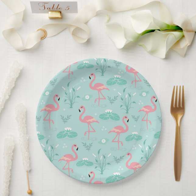 Plato De Papel Patrón verde Pastel Rosa Flamingos (Boda)