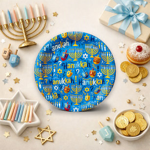 Plato De Papel Patrón vibrante de la menorá de Hanukkah azul
