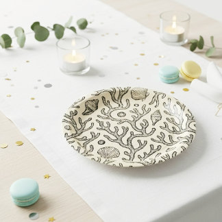 Plato De Papel patrón vintage de coral beige dibujado a mano
