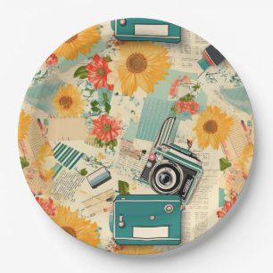 Plato De Papel Patrón Vintage de Floral y cámara (8)