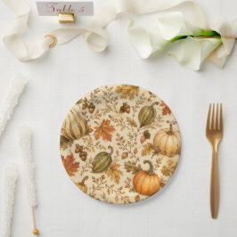 Plato De Papel Patrón vintage de otoño con calabaza y calabacines