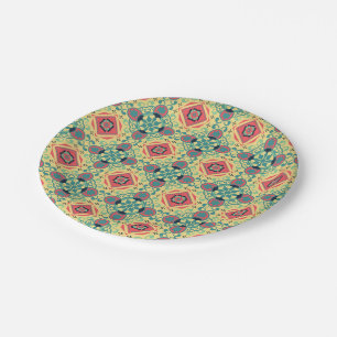 Plato De Papel Patrón vintage intrincado con rojo, turquesa, beig