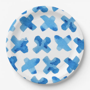 Plato De Papel Patrón x de la cruz de la acuarela azul shibori ja