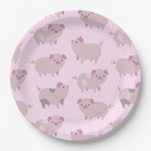 Plato De Papel Patrón y puntos de pequeños lechones rosados