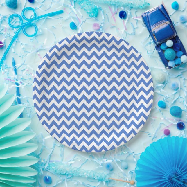 Plato De Papel Patrón ZigZag/Chevron azul (Fiesta)