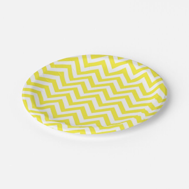 Plato De Papel Patrón ZigZag Chevron grande amarillo y blanco (Angular)