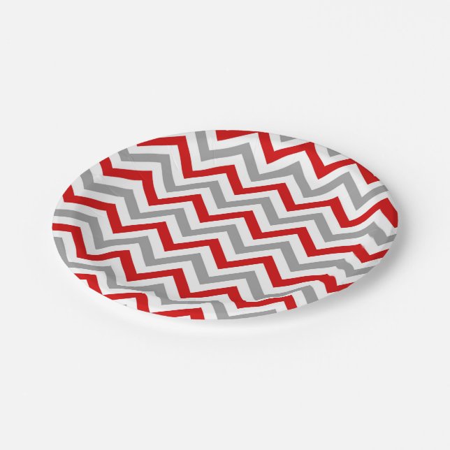 Plato De Papel Patrón ZigZag Chevron grande, rojo, blanco y gris  (Angular)