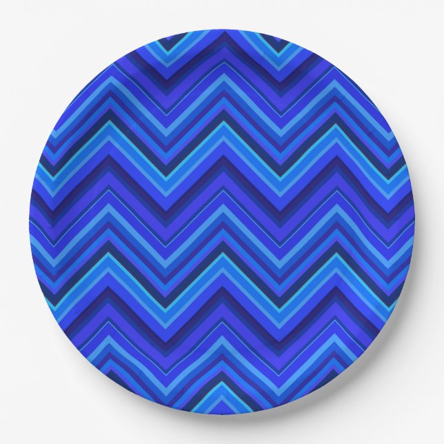 Plato De Papel Patrón zigzag de franjas azules (Anverso)