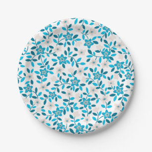 Plato De Papel Patrones de flores de primavera sin costura azul b