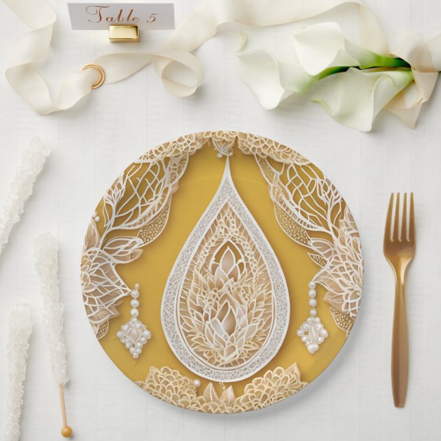 Plato De Papel Patrones florales amarillos y blancos arte de IA (Boda)