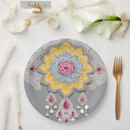 Plato De Papel Patrones florales amarillos y grises arte de IA