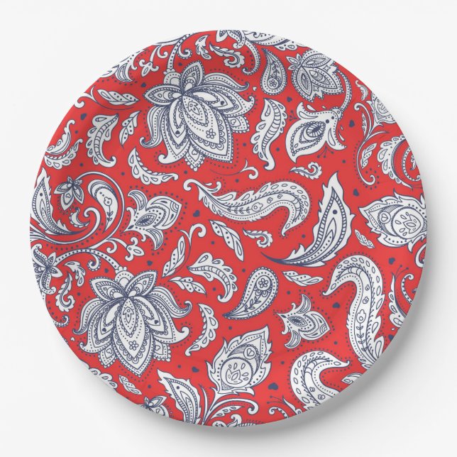 Plato De Papel Patrones rojos de flores de época (Anverso)
