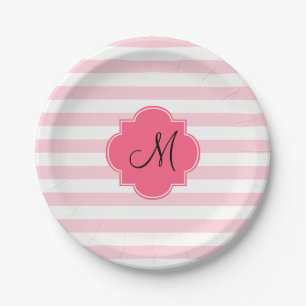 Plato De Papel Patten de bandas rosadas monogramo pastel