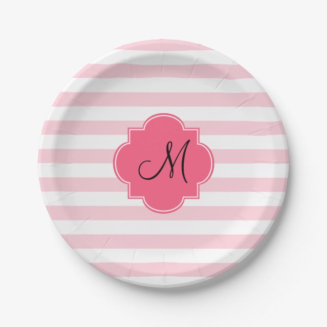 Plato De Papel Patten de bandas rosadas monogramo pastel (Anverso)