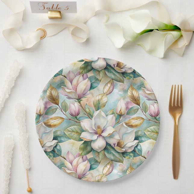 Plato De Papel Pattern Elegant Magnolia Flowers (Boda)