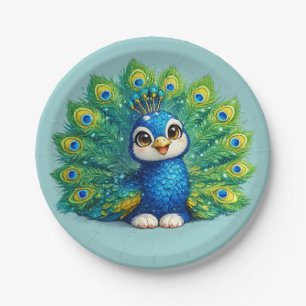 Plato De Papel Pavo real lindo con diseño de pájaro Kawaii de ojo