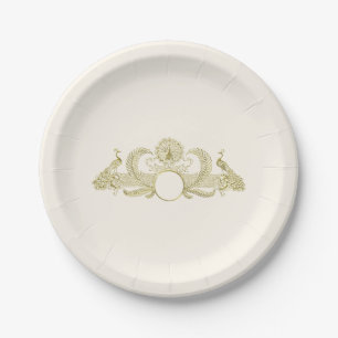 Plato De Papel Pavos Reales Vintage Monograma Marfil Falso Oro BG